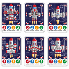 A set of game cards with combat spaceships. Collection. View from above. Isolated on white background. Vector illustration.