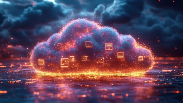 Cloud Computing Digital Cloud render duster, and  orrange platform in blue lights