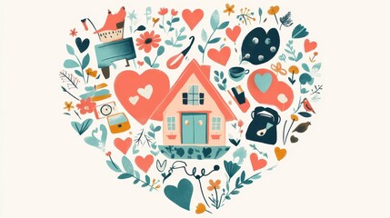Illustration depicting a house and assorted symbols surrounded by hearts