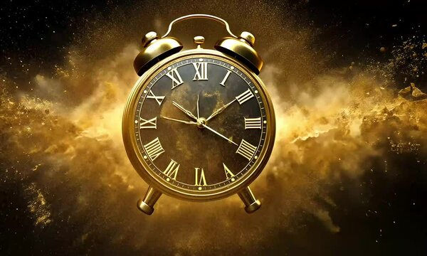 Golden alarm clock exploding with time