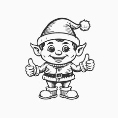 Obraz premium Cartoon cute funny smiling Santa Claus christmas elf in red costume and cap showing thumbs up sign editable vector stroke saddle icon on white background