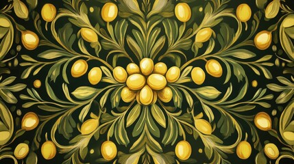 Ornate Yellow Fruit and Green Leaf Pattern on Dark Background Intricate Symmetrical Design Botanical Illustration Decorative Wallpaper