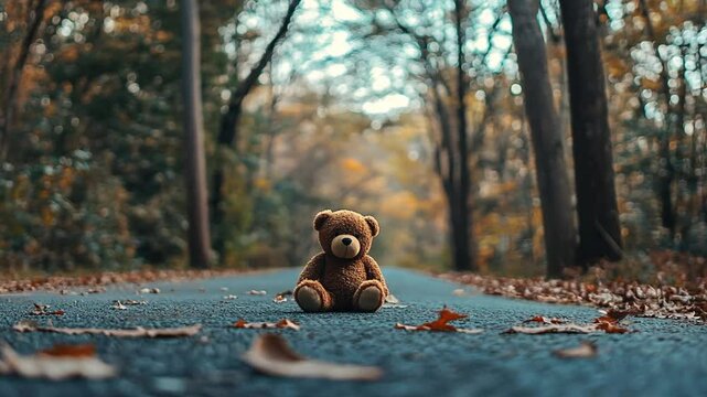 Teddy bear sitting on road in autumn forest.  Possible use children's book, educational, marketing