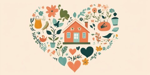 A charming illustration of a home embraced by floral arrangements