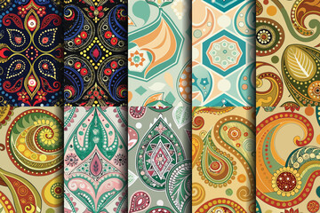 A vibrant collage of intricate paisley patterns in various colors and designs.