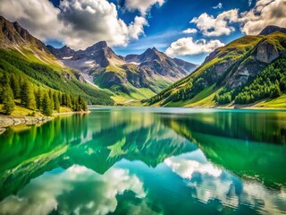 Serene Green Lake Reflections: Livigno, Italian Alps - Stunning Long Exposure Mountain Landscape Photography