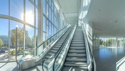 Modern building interior with escalator and stairs, sunlight streaming through large windows.