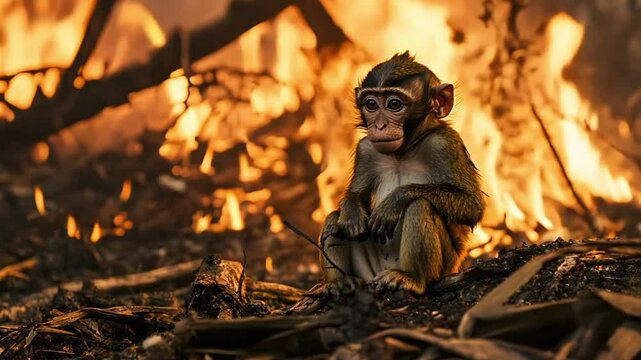 Sad monkey in a forest fire