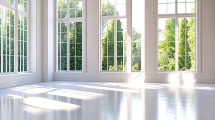 Bright and Spacious Modern Room with Large Windows and Greenery