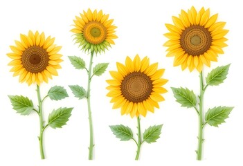 Four sunflowers illustrated in a children's book style, showing different angles and stages of bloom with vibrant yellow petals and lush green leaves.