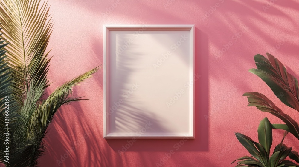 Poster a beautiful pink wall serves as the backdrop for a blank white frame, embraced by tropical leaves in