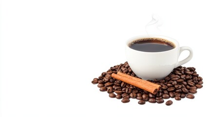 Fototapeta premium A steaming cup of coffee sits atop a mound of coffee beans, accompanied by a cinnamon stick, evoking warmth and comfort.