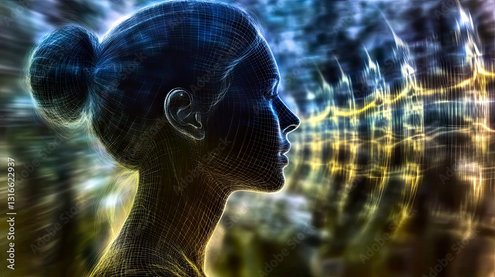 Poster calm energy flows from scalp to spine in a serene portrayal of human consciousness