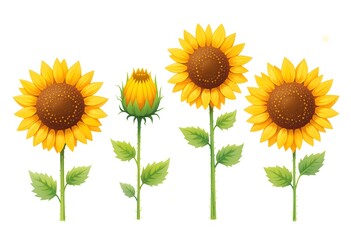 Obraz premium Four sunflowers illustrated in a children's book style, showing different angles and stages of bloom with vibrant yellow petals and lush green leaves.