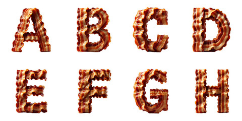 Creative food typography concept: Letters A, B, C, D, E, F, G, H made from crispy bacon strips on a white background