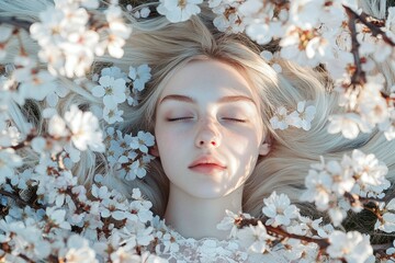 Commercial digital ads creative. Pretty caucasian young woman surrounded by cherry blossoms. Spring mood, golden hour in sunset. Commercial spring vibe with woman in flowers.
