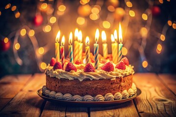 Vintage Birthday Cake with Candles - Rustic Style Stock Photo