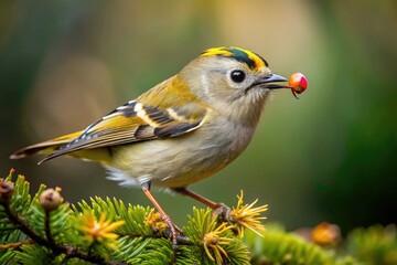 Fototapeta premium High-resolution image of a Goldcrest eating an insect. White background, copy space left.