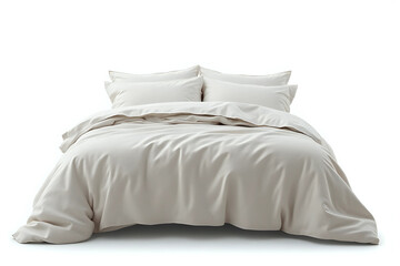 Close up whole empty bed with pillows and blanket isolated on white background Interior concept