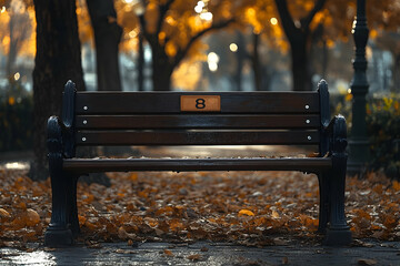 Empty Wooden Park Bench In Autumn Park