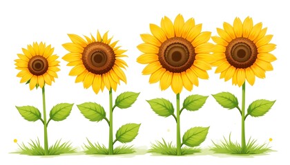 Four sunflowers illustrated in a children's book style, showing different angles and stages of bloom with vibrant yellow petals and lush green leaves.
