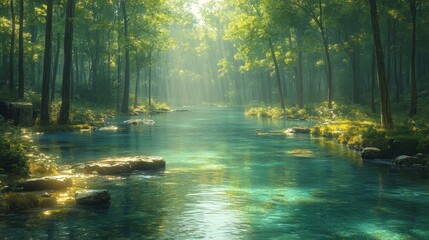 Fototapeta premium Light Beam, Flowing River Through Forest Illuminated by sunlight