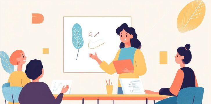 A female presenter shows a presentation to a small audience