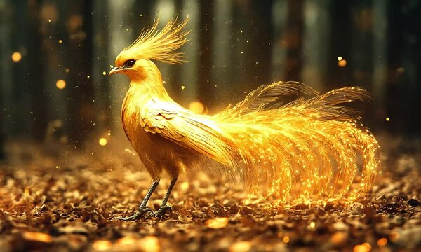 Golden mythical bird in a forest