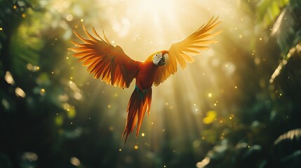 Scarlet macaw in flight, sunlit rainforest.