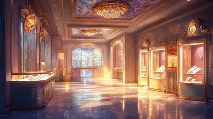 Fototapeta premium A luxurious jewelry store interior with elegant display showcases visible