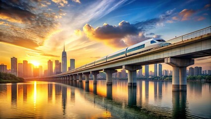Fototapeta premium High-Speed Train Crossing River Bridge at Sunset, City Skyline