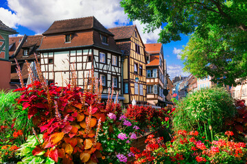 France, Alsace region. Colorful traditional town Colmar with scenic romantic canals, popular tourist attraction, wine route destination.