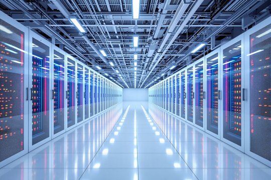 High-tech data center corridor with illuminated server racks, advanced cooling systems, and structured cabling on a futuristic background. Ai generative
