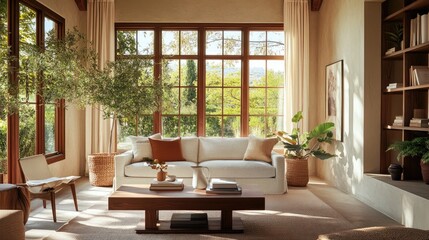 Fototapeta premium Cozy and Bright Living Room with Natural Light and Greenery
