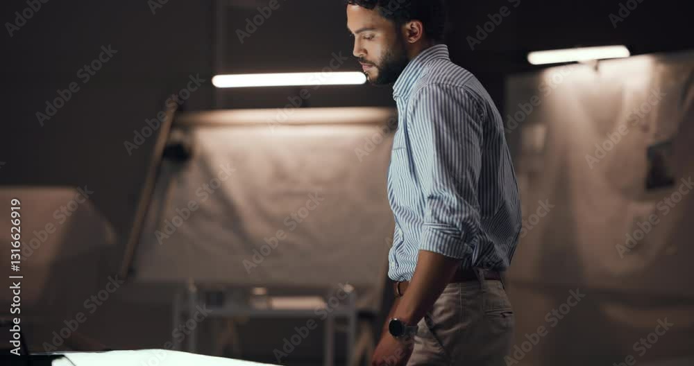 Poster stress, designer or man with draft for drawing vehicle sketch or editing skills in office overtime. 