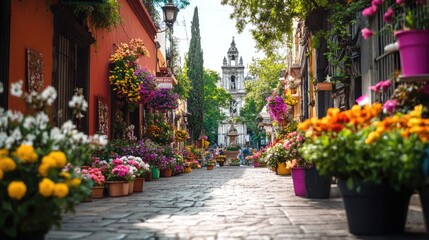 Fototapeta premium Charming Colorful Flower Street in Historic Town with Lush Greenery