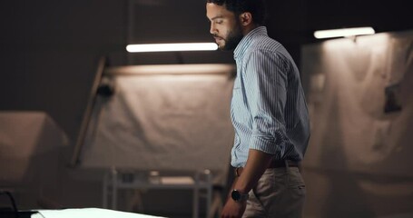 Stress, designer or man with draft for drawing vehicle sketch or editing skills in office overtime. Crisis, night or automotive stylist with illustration mistake, motor structure or project process