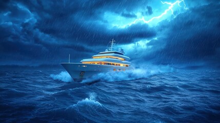 A luxurious yacht navigates through stormy seas under dramatic, cloudy skies, illuminated by its bright lights.