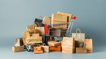 A shopping cart full of brown paper bags against a blue wall.