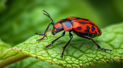 Fototapeta premium Red and black beetle crawling on green leaf in macro close-up detail