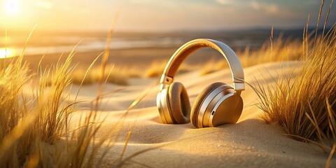 Fototapeta premium Luxury Headphones on Sandy Beach with Golden Grass Background - Premium Audio Summer Relaxation