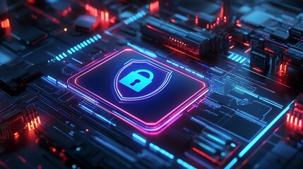 Fototapeta premium Cybersecurity concept with digital shield, padlock icon, and holographic data screens