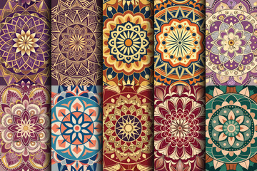 A vibrant collection of intricate mandala patterns in rich colors and designs.