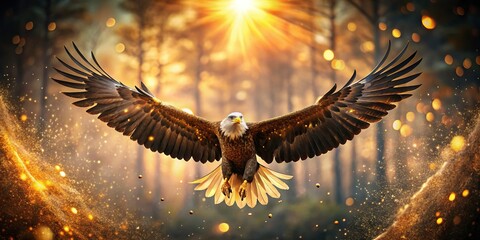 Obraz premium Majestic Eagle Soaring at Sunset, Golden Bokeh, Forest Background
