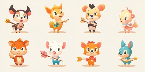 Eight Cute Cartoon Animals Holding Arrows Against a Light Background