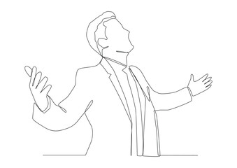 Continuous one line art of man spread his arms to the sides like bird or airplane face pointing up.