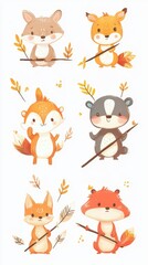 Adorable Cartoon Forest Animals Each Holding Simple Wooden Sticks