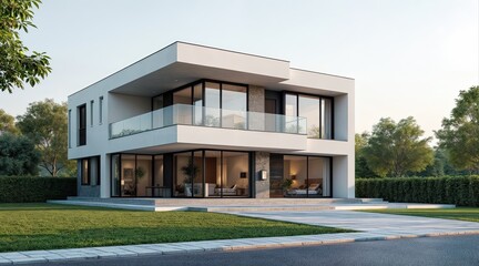 Fototapeta premium Elegant modern villa with a geometric design, featuring a glass front, stylish entrance, well-maintained greenery, and a stone-paved driveway, creating a luxurious residential atmosphere. 
