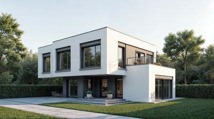 Modern two-story private house with a flat roof, large panoramic windows, and white minimalist exterior, surrounded by a green lawn, paved driveway, and lush trees under a bright sky.	