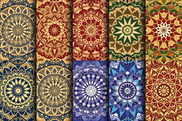 Colorful collection of intricate mandala patterns in various hues and designs.